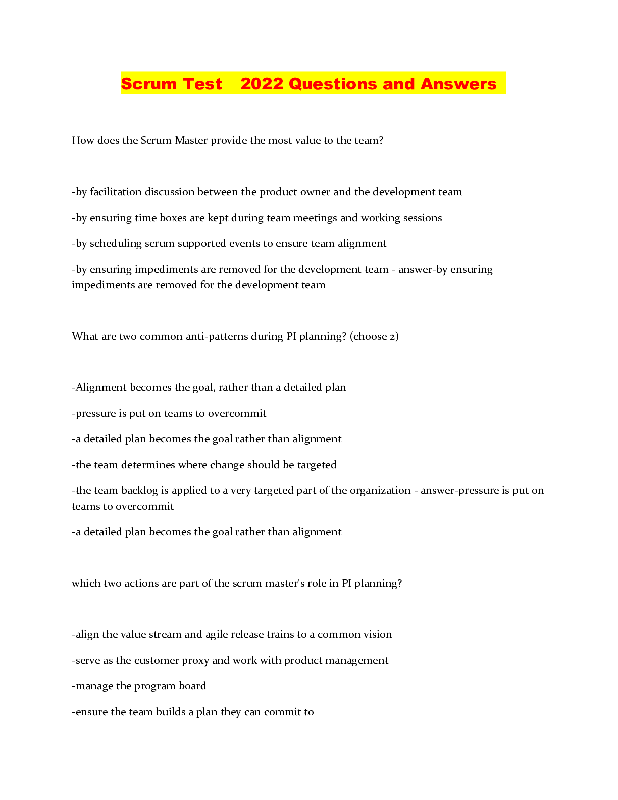 Preview image of Scrum Test 2022 Questions and Answers document